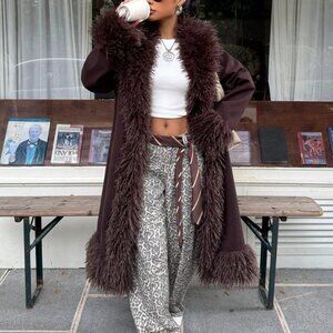 Brown Long Fuzzy Women's Winter Coat